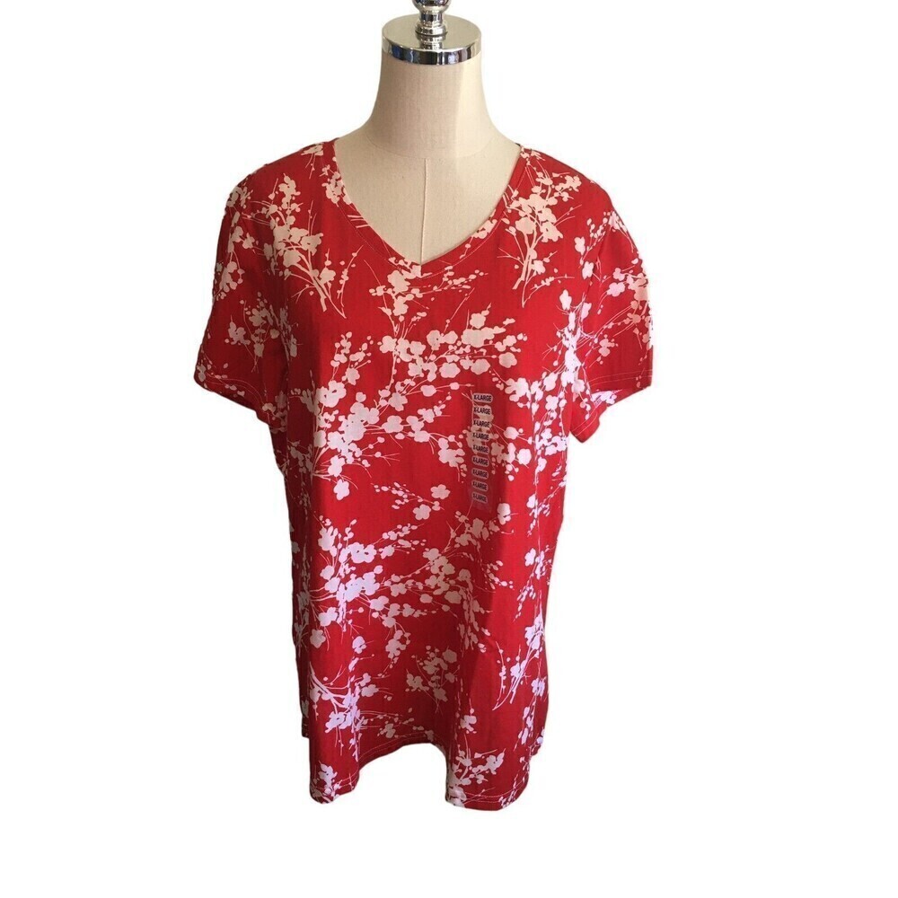Hot Cotton Size Extra Large Top Red Short Sleeve White Plant Print Lagenlook